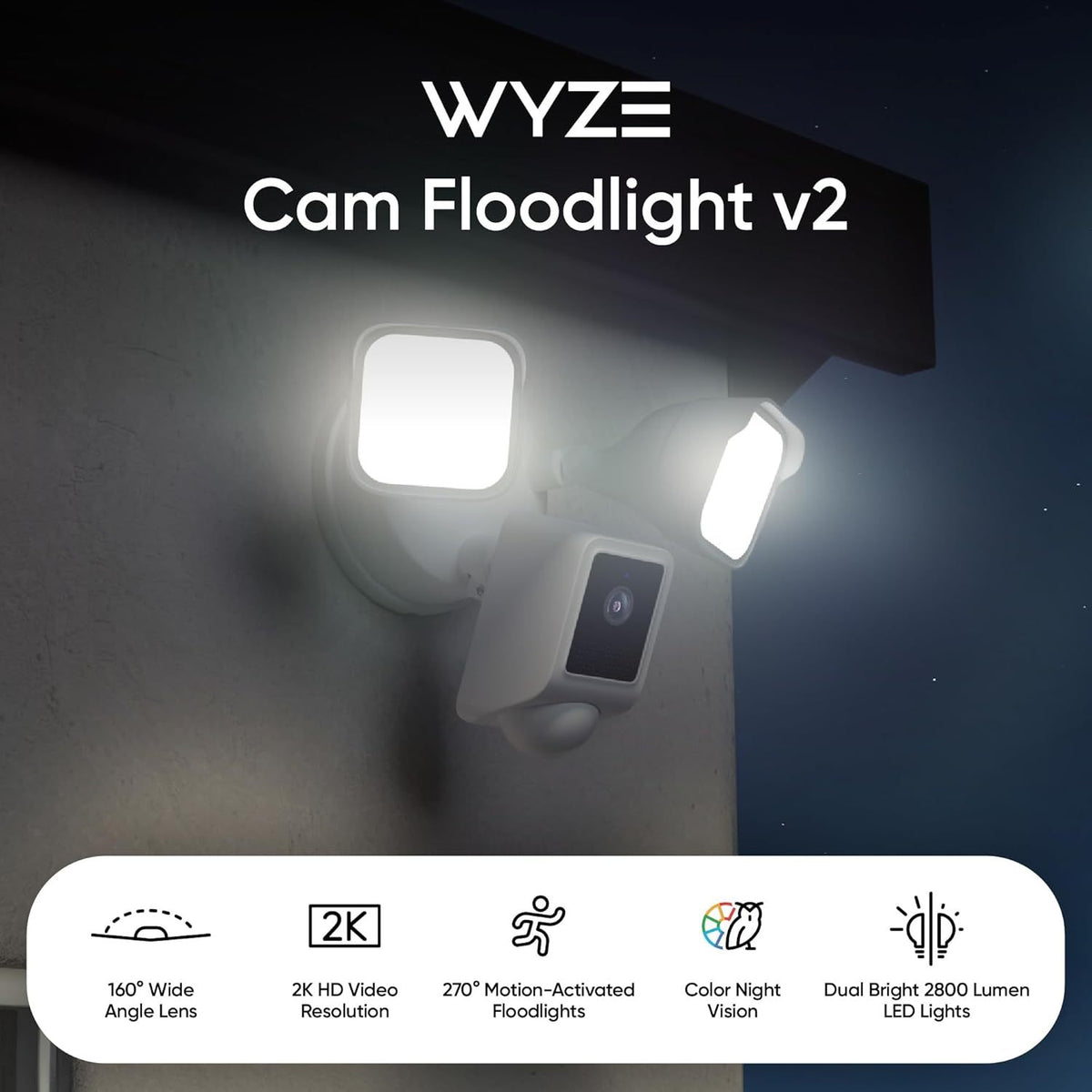 WYZE Floodlight Camera v2, 2800-Lumen LEDs, 2K HD Outdoor Security Camera, 160° Wide View, Motion Activated Light, 105dB Siren, Color Night Vision, Compatible with Alexa & Google Assistant, Wired, White