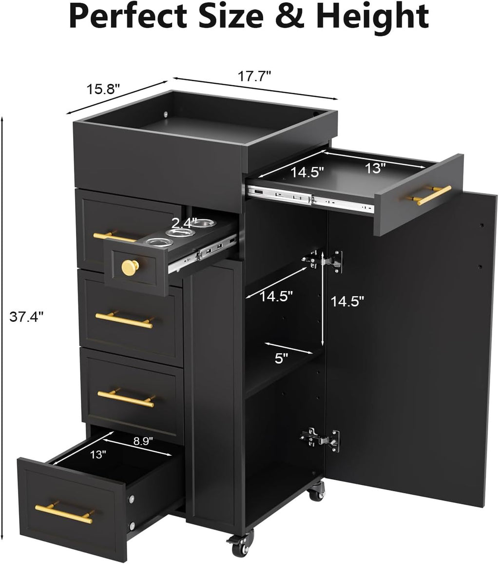 Heavy-Duty Salon Trolley Cart with 5 Drawers, 3 Tool Holders & Adjustable Shelf - Mobile Beauty Station with Locking Wheels, Large Top Surface - Sturdy Wooden Construction for Barber Shop, Salon, Spa, Home - Space-Saving Organizer Cabinet (White/Black) -
