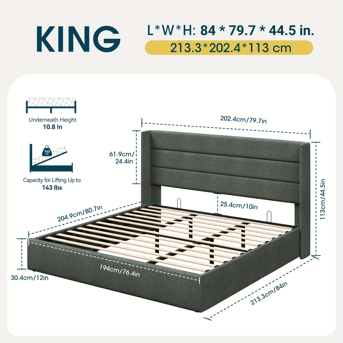 WEEWAY Lift Up Storage Bed, Modern Wingback Upholstered Headboard, Hydraulic Platform Bed, Wooden Slats Support, Heavy Duty Mattress Foundation, No Box Spring Needed, Easy Assembly, Full/Queen/King Size, for House Bedroom Furniture, Free Shipping