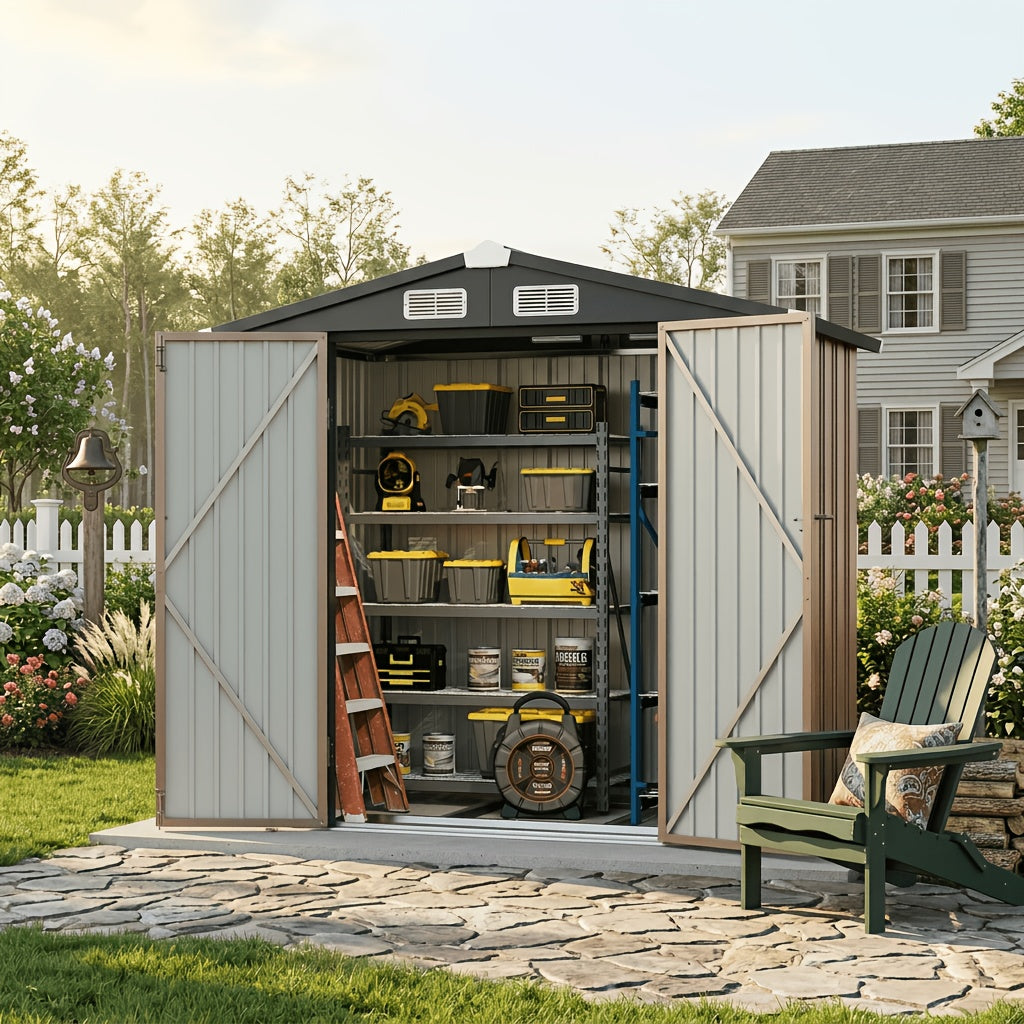 6' X 4' Brown Metal Outdoor Storage Shed with Base Frame, Weather-Resistant Steel Tool Shed with Lockable Doors for Garden, Patio, Backyard, And Lawn