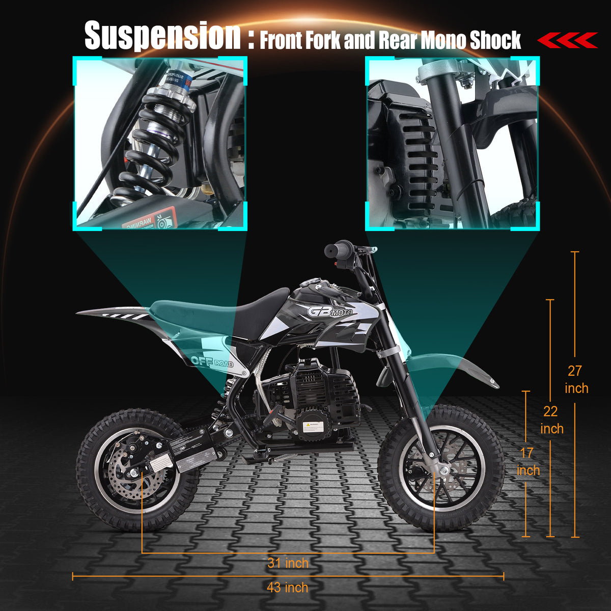 Mini Dirt Bike, 49 CC 2-Stroke Gas Bike (Model :DB001) with Off-Rode Tire, Suspensions, Disc Brakes, Max Load 160Lbs, Up to 20Mph-Included: gloves, face mask, cycling protective gear, cycling boots, and anti-theft lock.