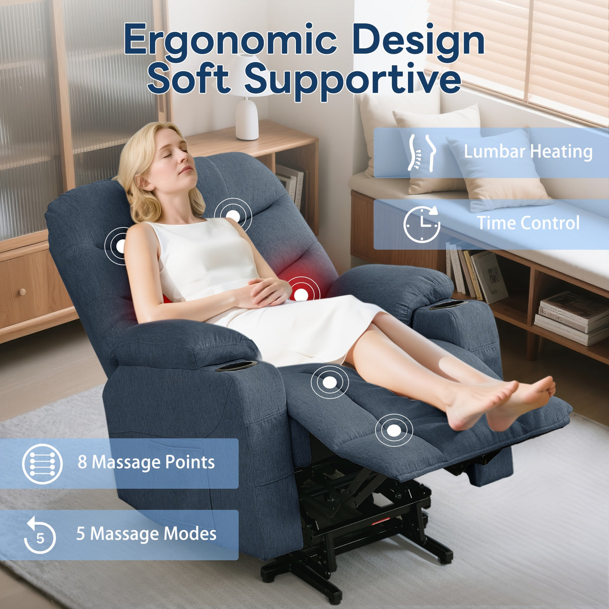 Recliner Chair with Massage And Heating Functions, Large Padded Sofa with Side Pockets, Recliner Chair, Suitable for Living Room And Bedroom