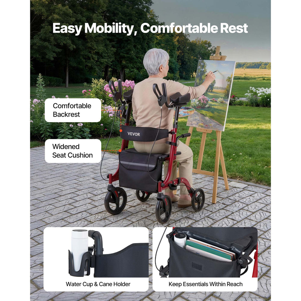 VEVOR Rollator Walker with Seat for Seniors, Foldable Rolling Walker, Lightweight Aluminum Mobility Walking Aid with PVC Solid Wheels, Adjustable Handle, Storage Bag, Cup/Cane Holder - Supports 300LBS