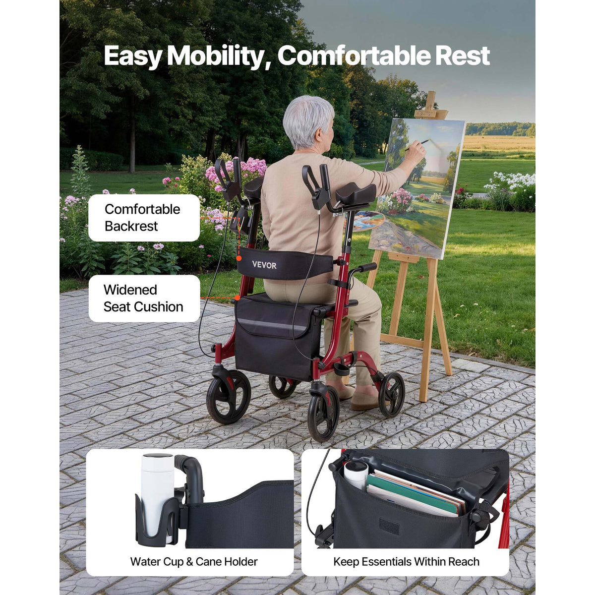 VEVOR Rollator Walker with Seat for Seniors, Foldable Rolling Walker, Lightweight Aluminum Mobility Walking Aid with PVC Solid Wheels, Adjustable Handle, Storage Bag, Cup/Cane Holder - Supports 300LBS