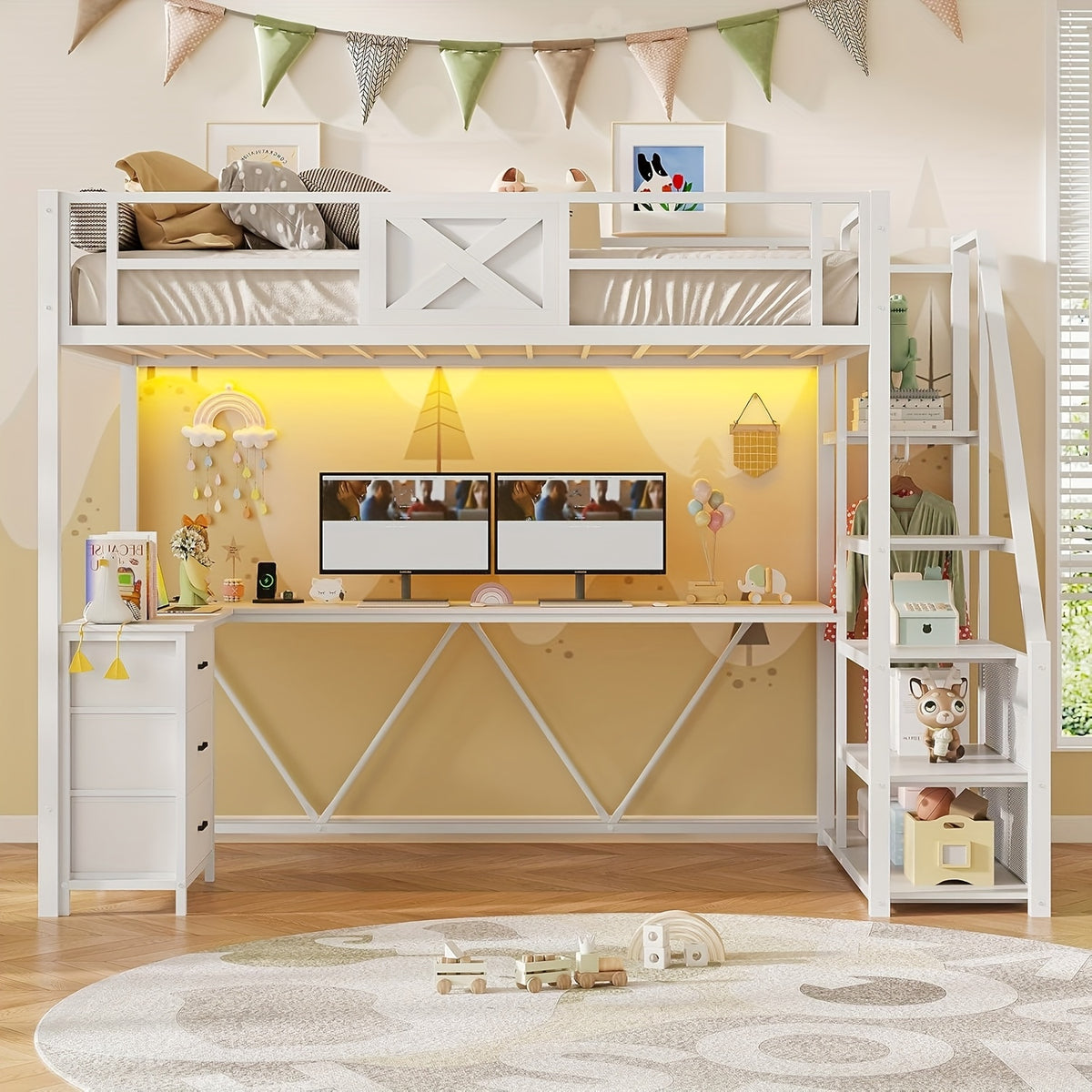 Stairway Twin Size Loft Bed with L Shaped Desk and Wardrobe, Metal Loft Bed Frame with Storage Stairs, 3 Drawers and LED Lights