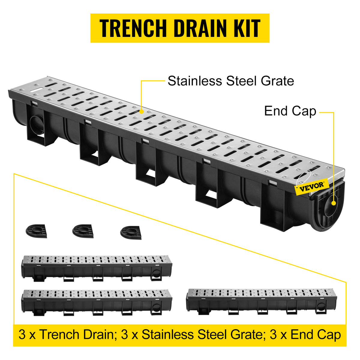 VEVOR Drainage System with Metal Grate, 5.9x5.1-Inch HDPE Channel for Garage Floors, Black Plastic Trench with End Caps, 3x39 Grate - 3 Pack