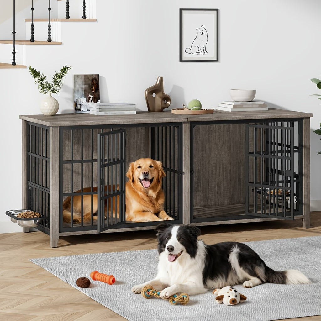 75/36/30in Furniture-Style Dog Crate with 360° Rotating Bowls, Adjustable Height, Safe Lock, Easy to Clean, Available In Gray/Brown, M, L, XL Sizes for One Or Two Dogs, Ideal for Home, Living Room Or Bedroom