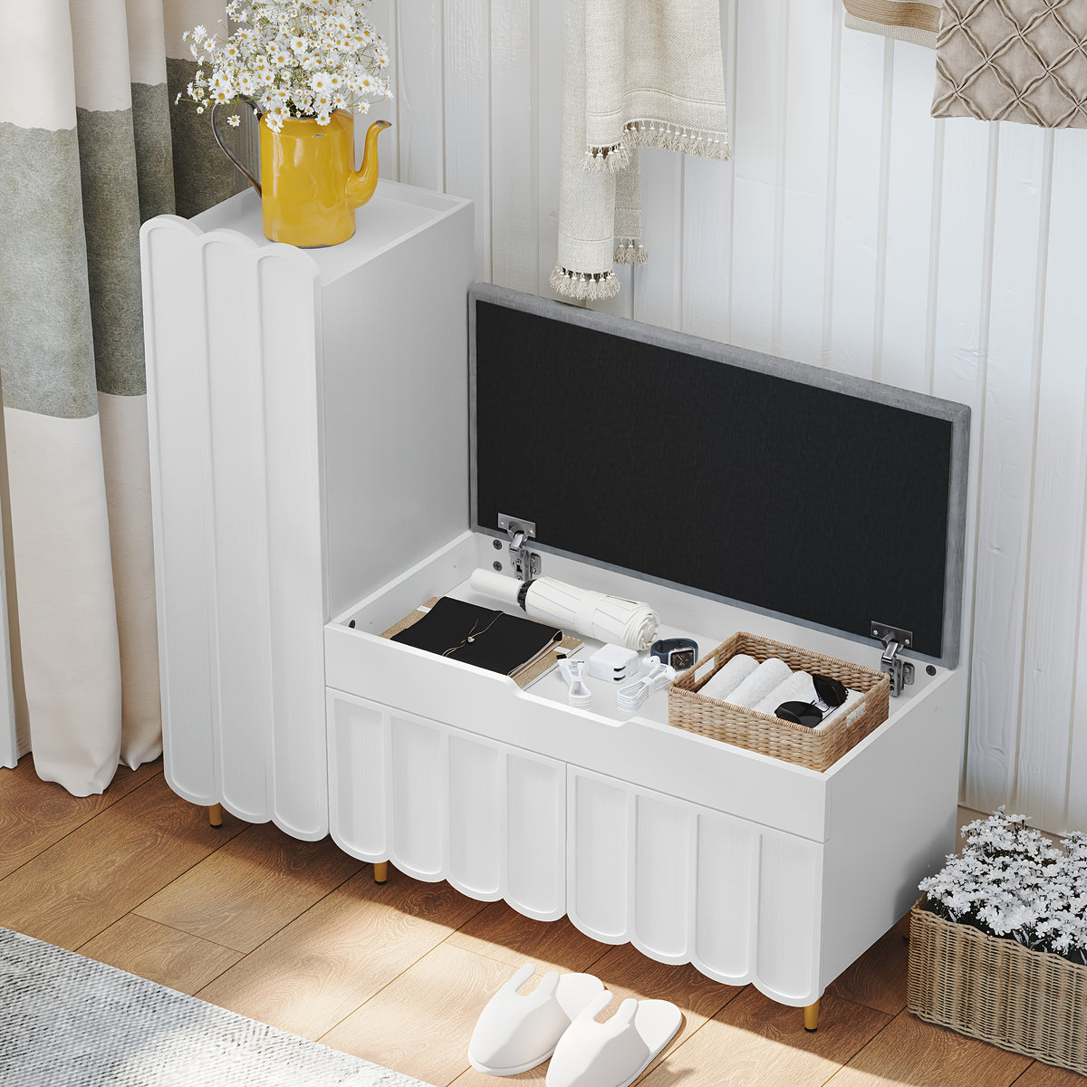 Shoe Organizer Cabinet, Entryway Bench With Adjustable Shelves And Cushioned Seat, Unique L-Shaped Bench Cabinet For Entryway