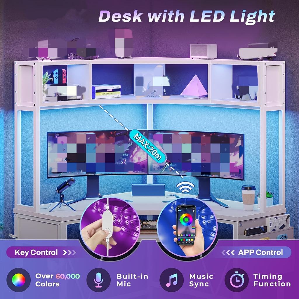 Small Office Desk with LED Lights, Triangle Corner Computer Desk with Storage Bag and Headphone Hook