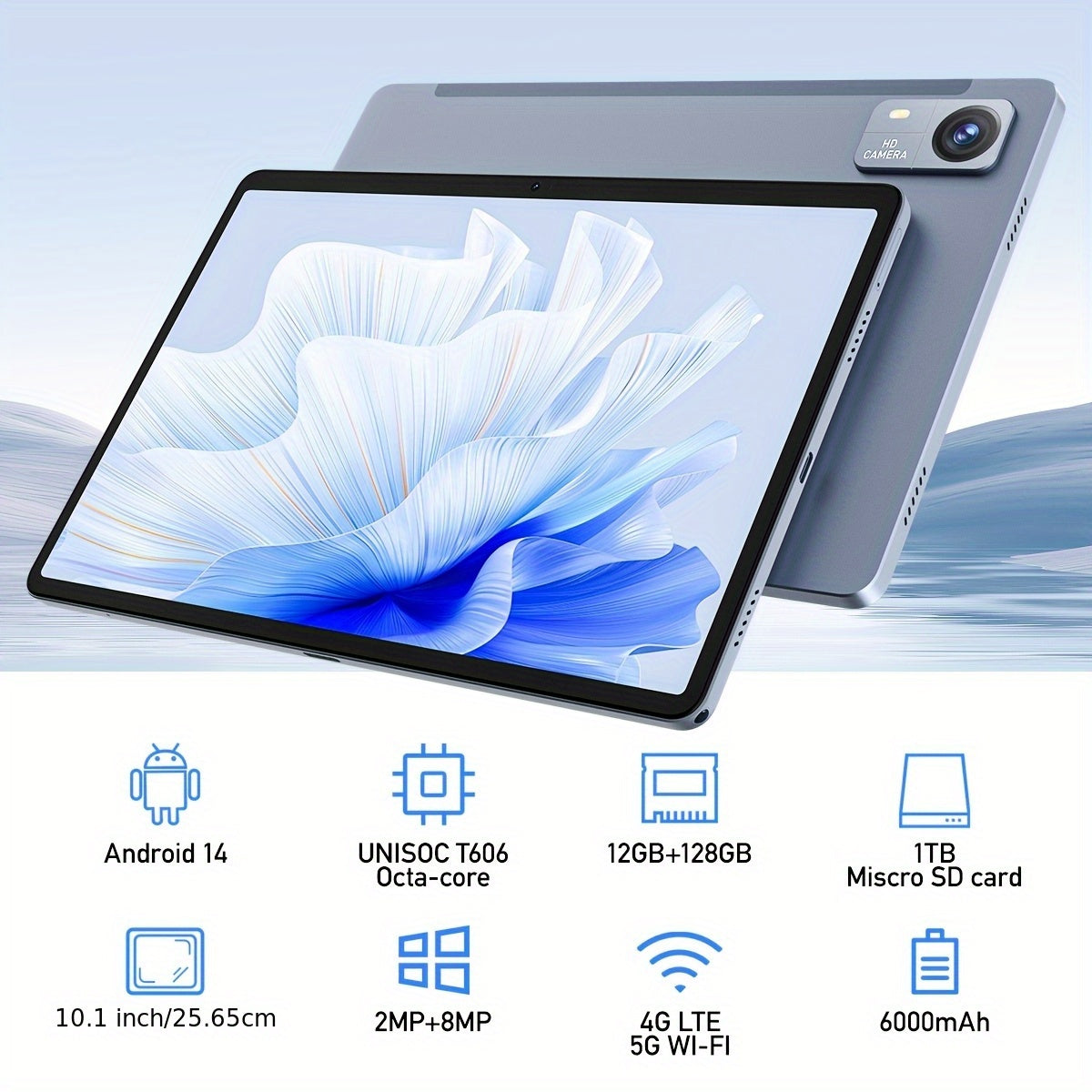 Android 14 Tablet with 4G LTE, Dual SIM Card Support for Calls, 12GB ROM, 128GB RAM, 1TB Expandable Storage Via Micro SD Card, Octa-Core T606 Chip, Entertainment, Office, and Gaming Tablet, 5G WiFi, 10.1-inch Incell Display, 0.1s Face Recognition.