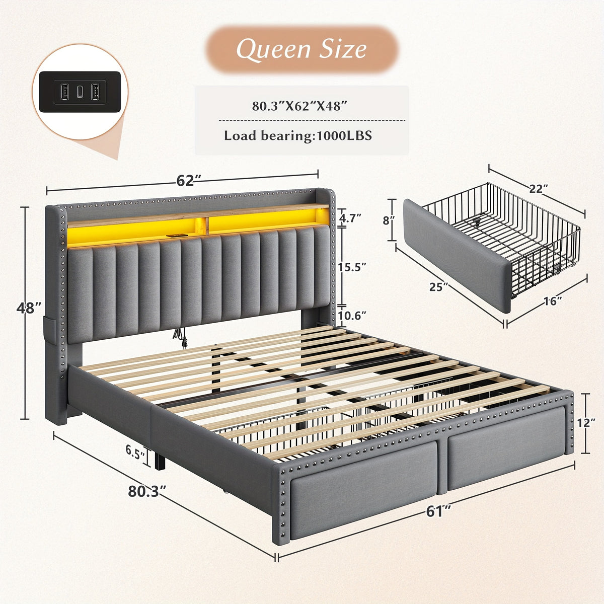 Full&Queen&King Size, Bed Frame with 2-Tier Storage Headboard, with Charging Station, LED Light Platform Bed Frame, 2 Storage Drawers for Storing, Sturdy Wooden Slats Support, Noise-Free, No Box Spring Needed, Grey