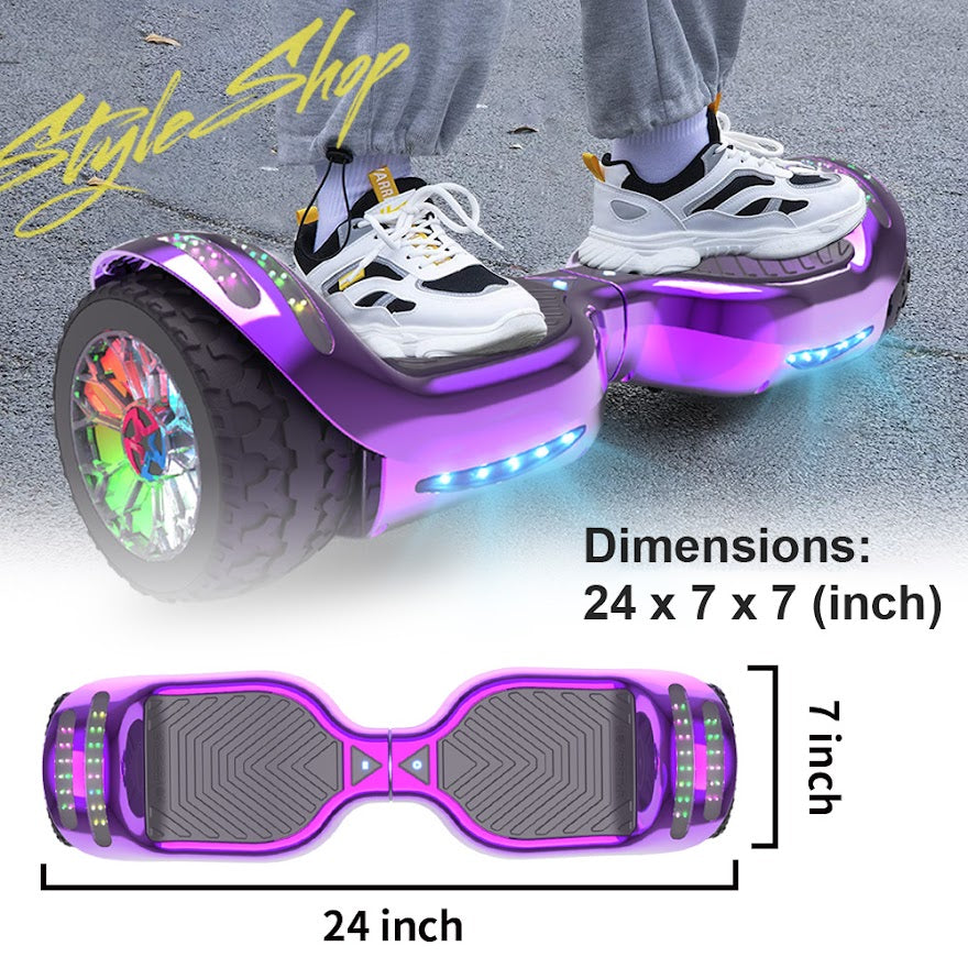6.5-Inch Hoverboard with 10-Mile Range and 7 MPH Top Speed, Self-Balancing Electric Scooter with Dual Motors, Portable Design and Smooth Riding Performance. The compact 6.5-inch wheels provide responsive handling and easy control, while the rechargeable b