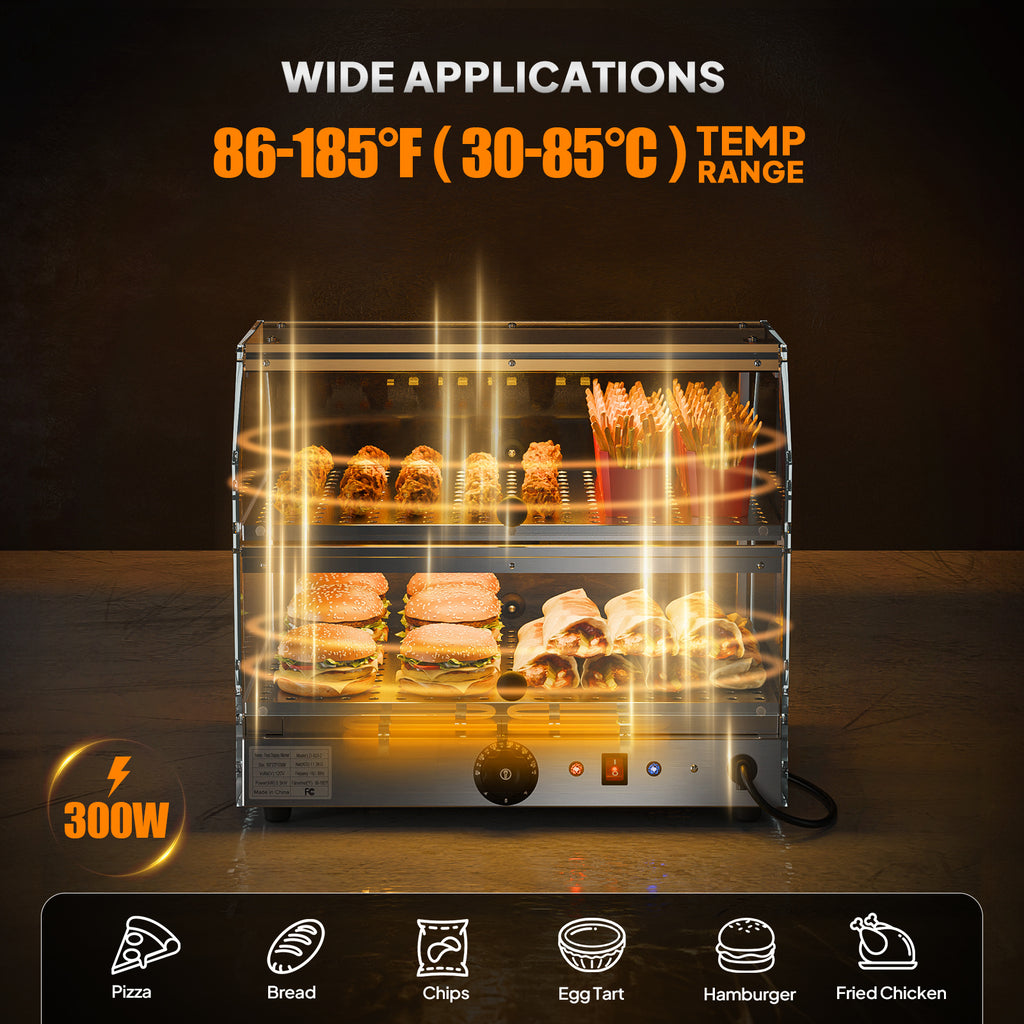 2-Tier Food Warmer Pizza Warmer Countertop, Food Warmer Display Pretzel Warmer with LED Lighting Front and Rear Doors, Electric Catering Hot Box Acrylic for Buffet Restaurant Cafe