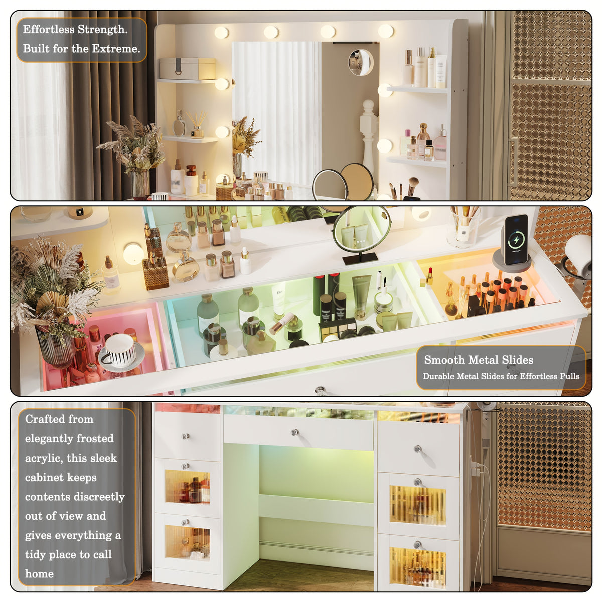 Makeup Vanity with 7 Lighted Drawers & 3-Color LED Mirror, Dressing Table with Glass Top, 4 Shelves for Huge Storage, Light White for Bedroom