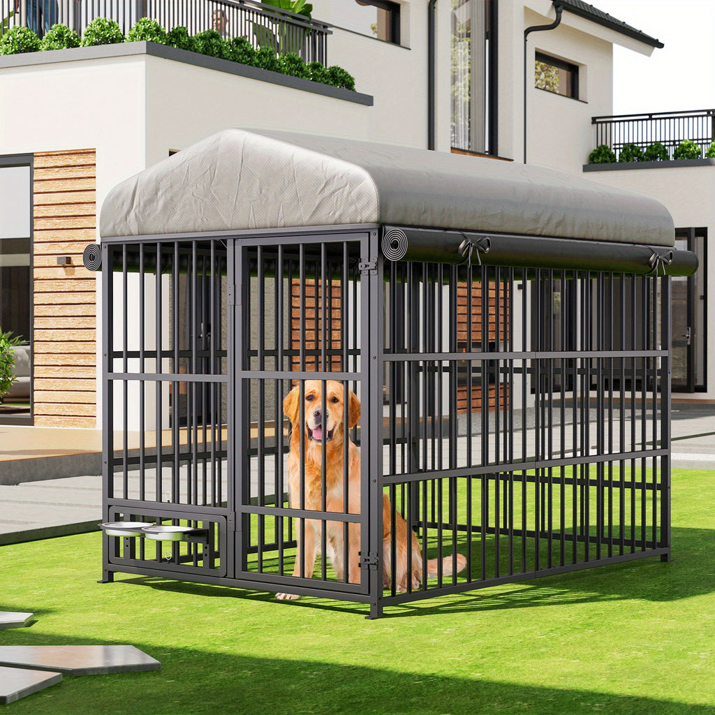 Large Outdoor Dog Kennel Measuring 70.87 Inches in Height, 78.74 Inches in Width, And 47.24 Inches in Depth, Equipped with Two Food Bowls And a Secure Lock. This Heavy-Duty Dog Crate Furniture Is Designed for Medium to Large Dogs And Features a And