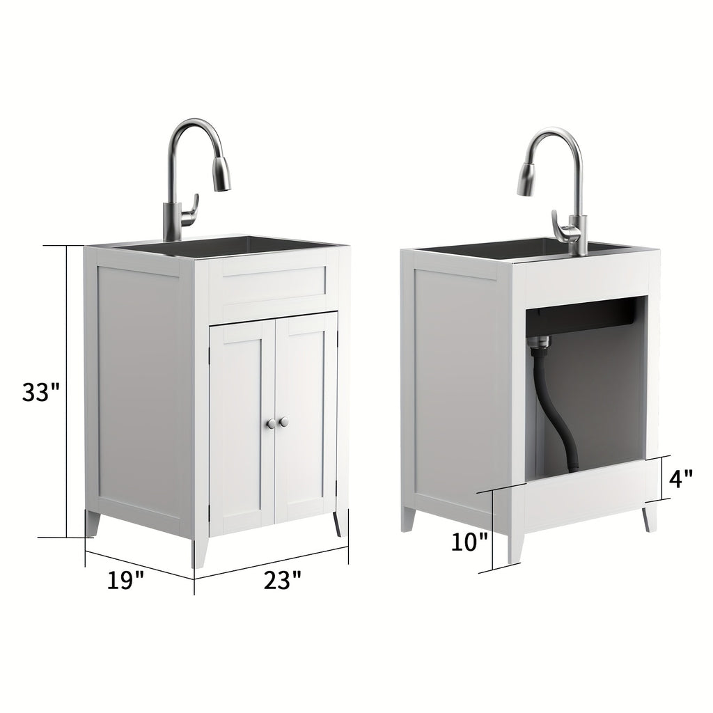 Bonnlo Heavy-Duty Laundry Sink with Pull-Out Sprayer Faucet - Stainless Steel Utility Sink, Space-Saving Cabinet, for Laundry Room, Kitchen, Bathroom, Basement - Easy-Clean Design, Compact Storage Space, Modern Aesthetic, Durable Construction, Kitchen Pre