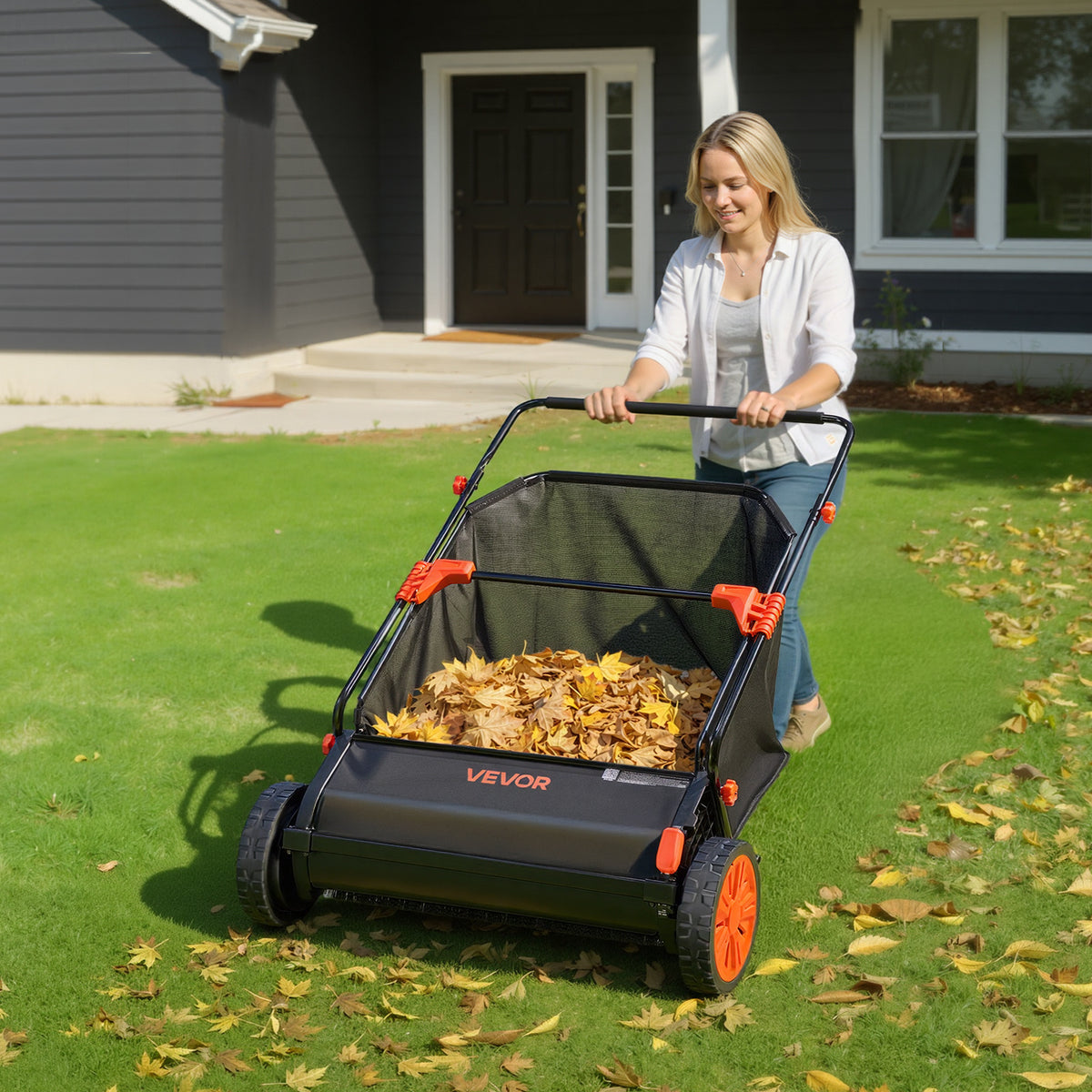 VEVOR Push Lawn Sweeper, 30 in Leaf & Grass Collector with 12 cu. ft. Hopper Bag, Adjustable Brush Height & Spinning Brushes, Heavy Duty Yard Sweeper with Rubber Wheels for Leaves Grass Cleanup
