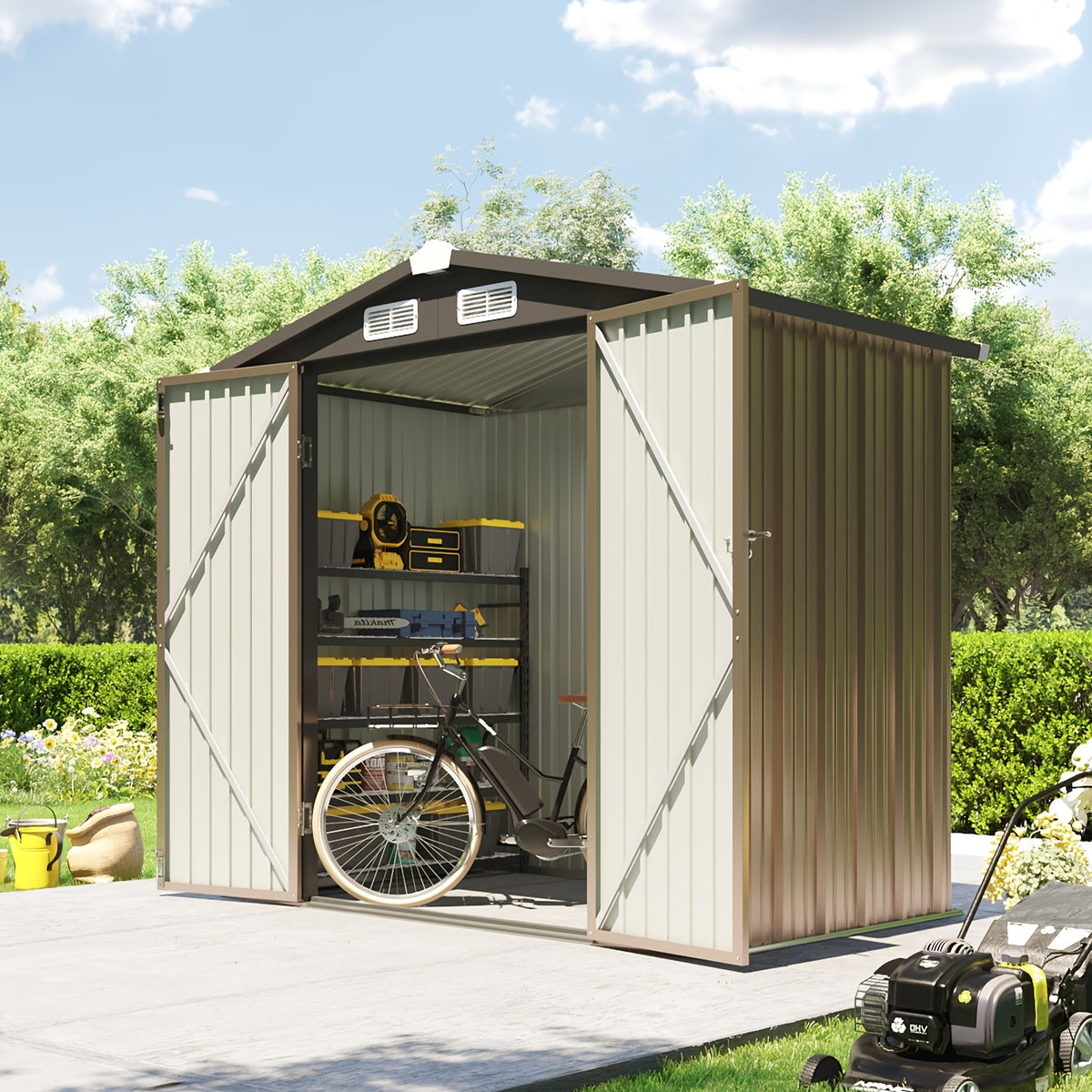[Multi-Size Outdoor Shed] 6x4/8x6/10x8/10x12ft Multi-Size Outdoor Storage Shed, Standard & Floor-Equipped 2 Options, Gable Roof Ventilated Metal Utility Shed for Backyard Lawn