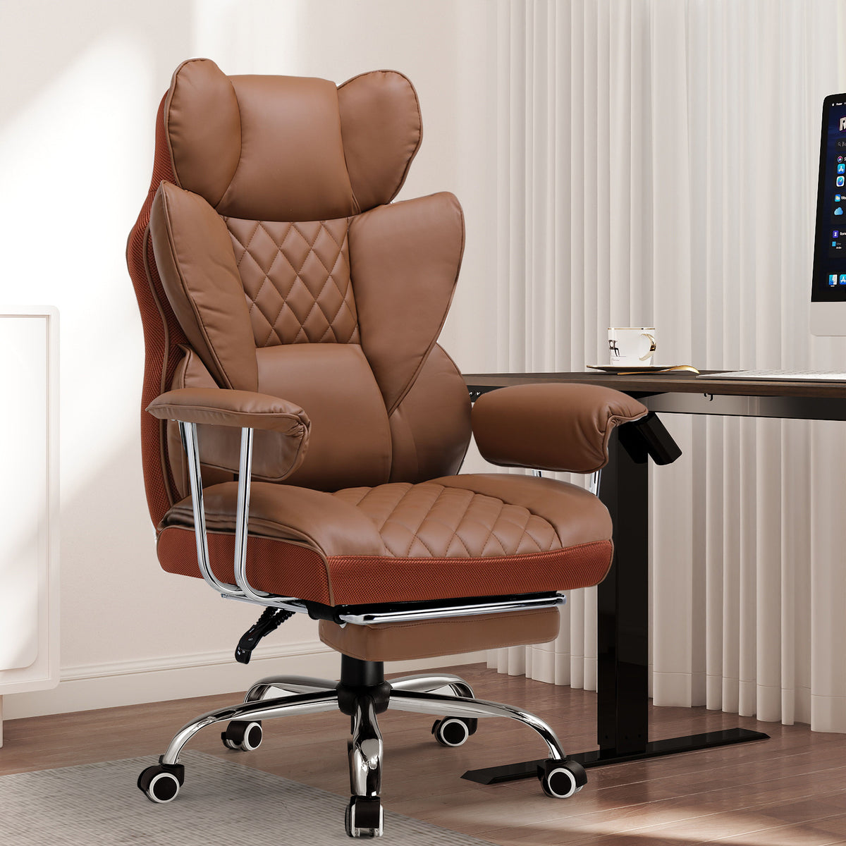 Executive Office Chair for Heavy People, Gaming Chair, Ergonomic Wide Desk Computer Chair with Pocket Spring Lumbar Support, Footrest, Outward Fixed Soft Armrests, High Back PU Leather, Height Adjustable, Big and Tall