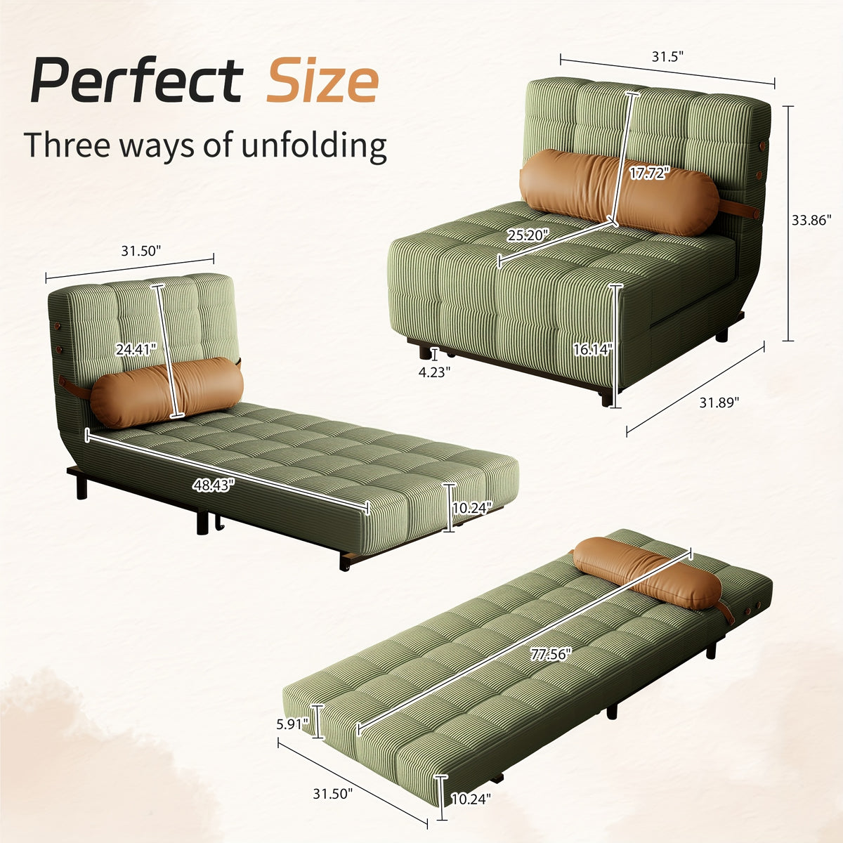 Convertible Single Sofa Bed | Foldable Chair Bed Sleeper with Adjustable Backrest & Pillow - Plush Corduroy Upholstery, Durable Metal Frame, Tufted Design for Living Room (Cream Beige/Brown)