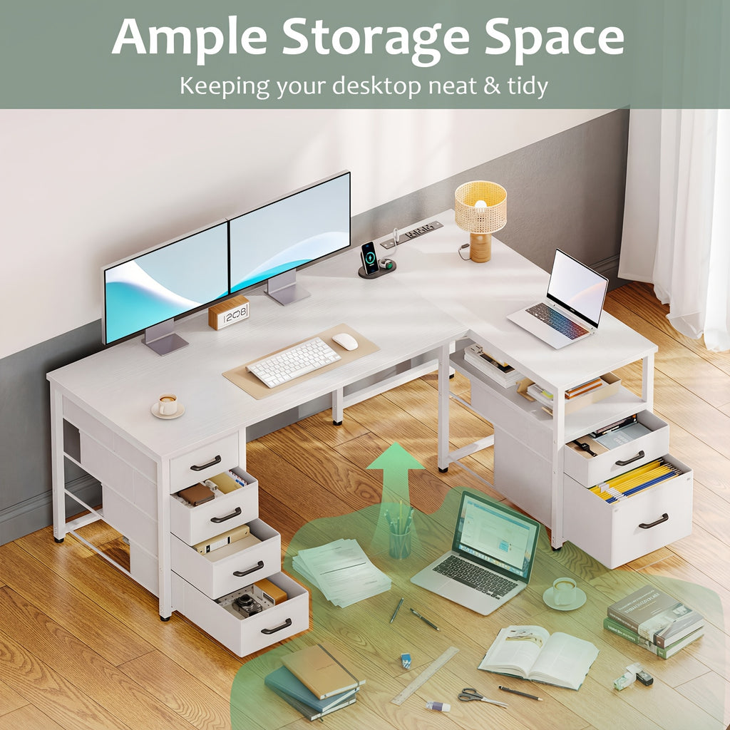 55-inch L-shaped Computer Desk with 6 Fabric Drawers and Power Outlets, Featuring a Flip-up Storage Shelf and File Drawer, a Home Office Corner Desk