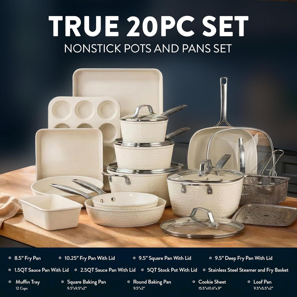 Gotham Steel Hammered 20 Pc Ceramic Cookware Set Nonstick, True Ceramic Pots and Pans Set Non Stick with Deep Square Pan Set & Bakeware Set, Non Toxic PFOA PFOS Free, Oven & Dishwasher Safe