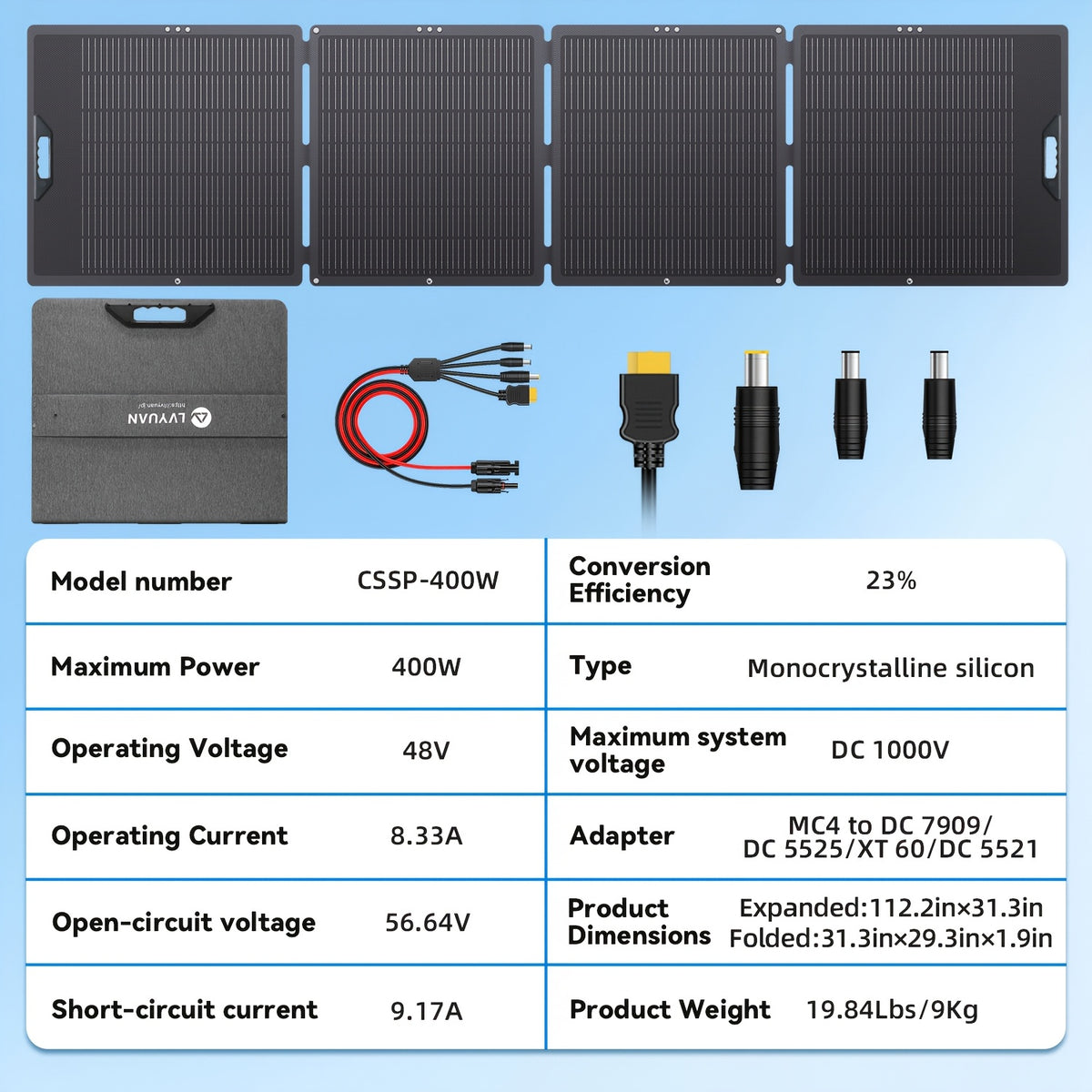 LVYUAN New Portable Solar Panel 200W/400W for Power Station, 23% Efficiency Mono Foldable Solar Charger with 4 Kickstands And 3M Cable (MC4 to DC5521/DC5525/DC7909/XT60 Connectors) for Camping RV Home Backup, Without Battery
