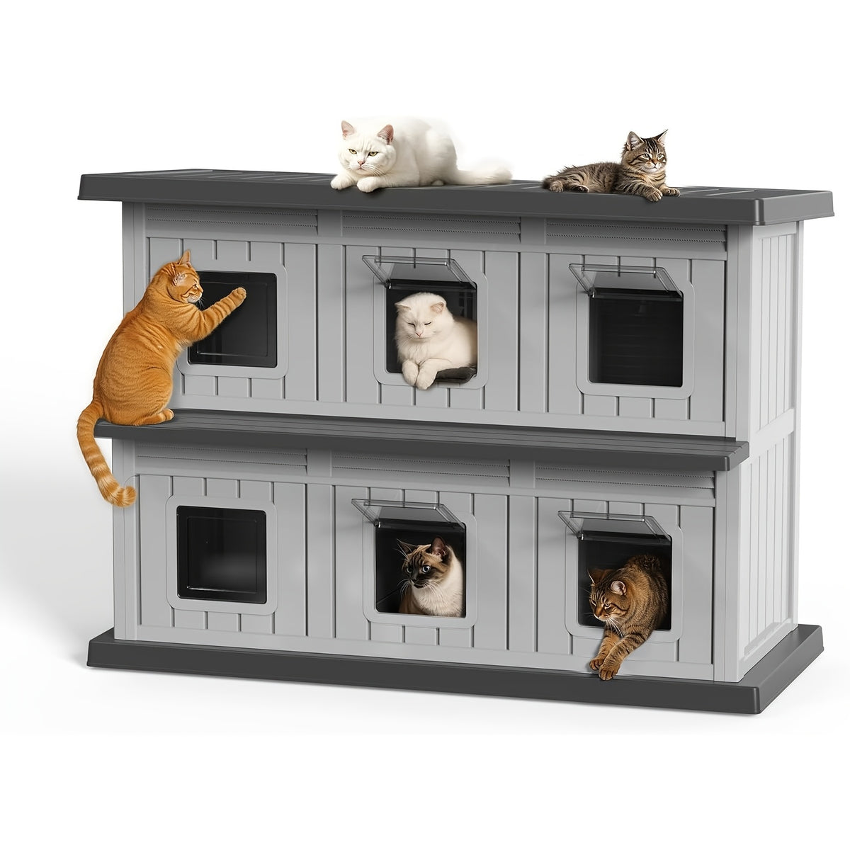 Double-Layer Stray Cat House - 2-Story Outdoor/ Cat Shelter with Large Cozy Space, Multiple Small Windows for Ventilation, Easy Assembly Solid Structure, Gray-Black for stray & feral cats (No Required)