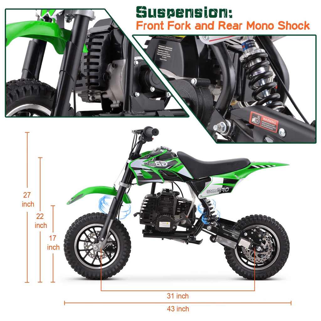Mini off-road bike, 41CC four stroke gasoline bike (model: DB001), equipped with off-road tires, suspension, disc brakes, maximum load of 160Lbs, top speed of 18Mph, gloves and face cloth included