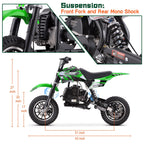 Mini off-road bike, 41CC four stroke gasoline bike (model: DB001), equipped with off-road tires, suspension, disc brakes, maximum load of 160Lbs, top speed of 18Mph, gloves and face cloth included