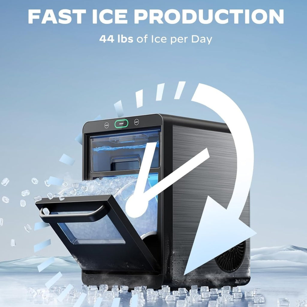 44 LBS Nugget Ice Maker Machine, Desktop ice maker, with front-pull-out water tank and removable basket, suitable for home/ kitchen/ camping, stainless steel