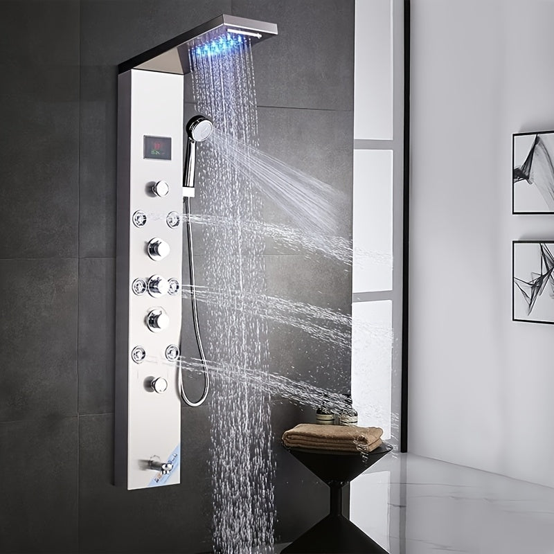 [Shower Panel Tower System] Shower Panel Tower System, Stainless Steel 6-Function Faucet LED Rainfall Waterfall Shower Head Handheld Sprayer Rain Massage Body Jets Tub Spout, Brushed Nickel, Shower System, Bathroom Decor And Accessories