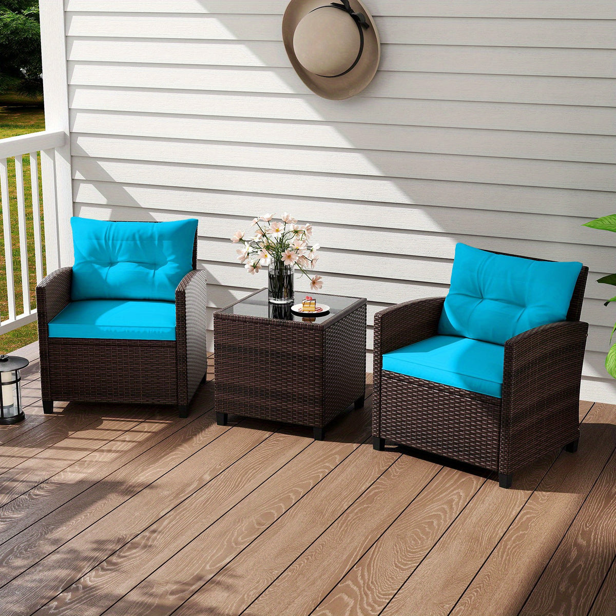 Patio Conversation Set by TANGKULA with 2 Cushioned Armchairs and Tempered Glass Coffee Table