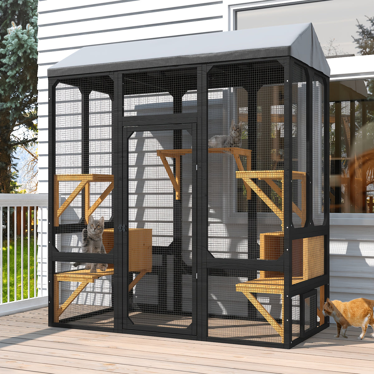 Large Cats House, Black Catio Outdoor Cat Enclosure, Cat Catio for Mulitiple Cats Walk In with Cover And Sunshine Roof, Pet Cage with 7 Platforms And 2 Resting Box, 72 Inch