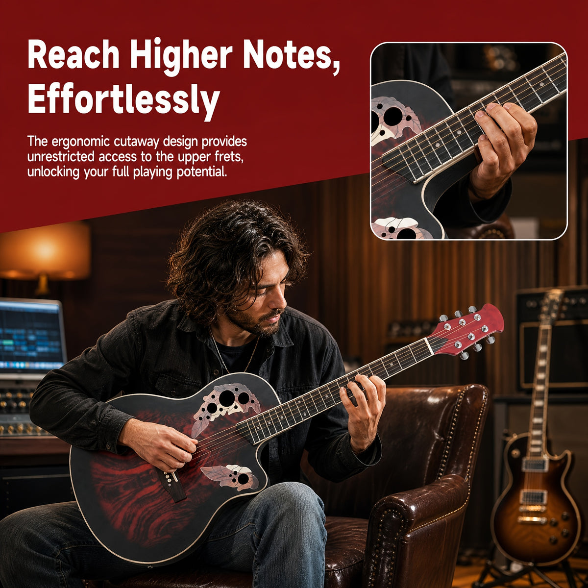 [Ideal Gift] 41-Inch Full-Size Guitar With Grape-Shaped Soundhole, Spruce Top, And Mahogany Fingerboard - Sunset Red Finish, Enhanced Tone And Playability, Suitable For All Music Styles, Ideal For Beginners And Guitarists. The Perfect Gift