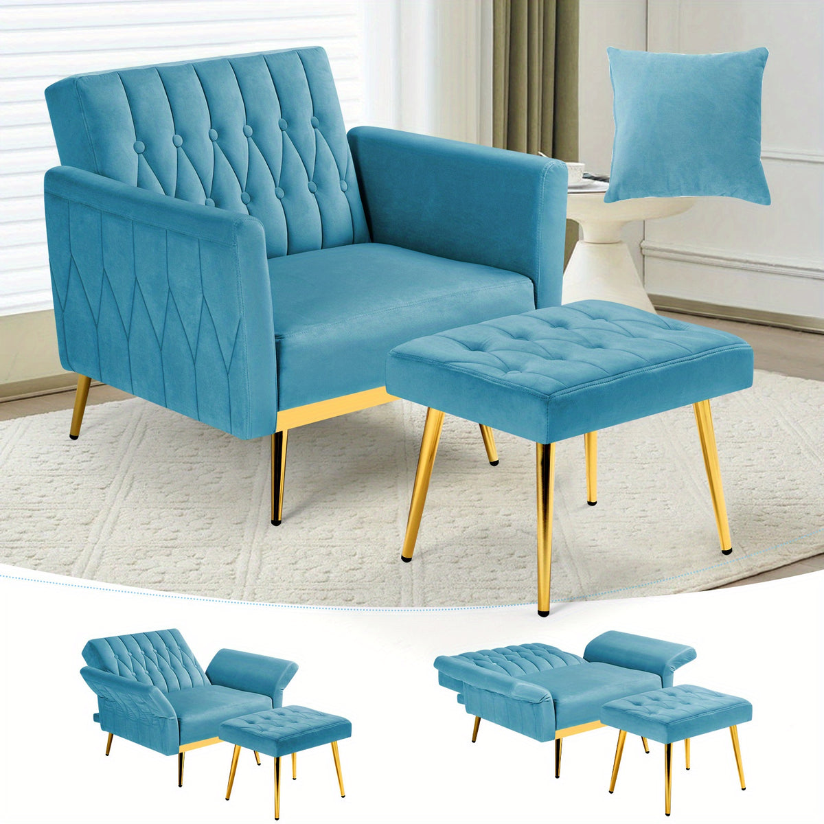ACMEASE 31.5 Inch Velvet Adjustable Accent Chair with Ottoman & Pillow, Tufted Single Sofa Chair with Golden Metal Legs for Living Room