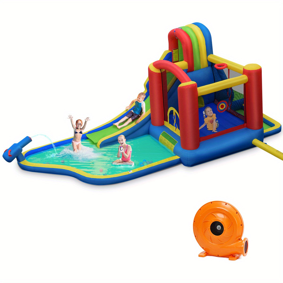 COSTWAY Inflatable Water Slide Park, Inflatable Bounce House W/ Mighty Splash Pool, Climbing Wall, Trampoline &Water Cannon, Jumping Castle for Kid Aged 3-10, Including Carry Bag, Repairing Kit, Stakes, Hose, Ball Pit, 740W Air Blower
