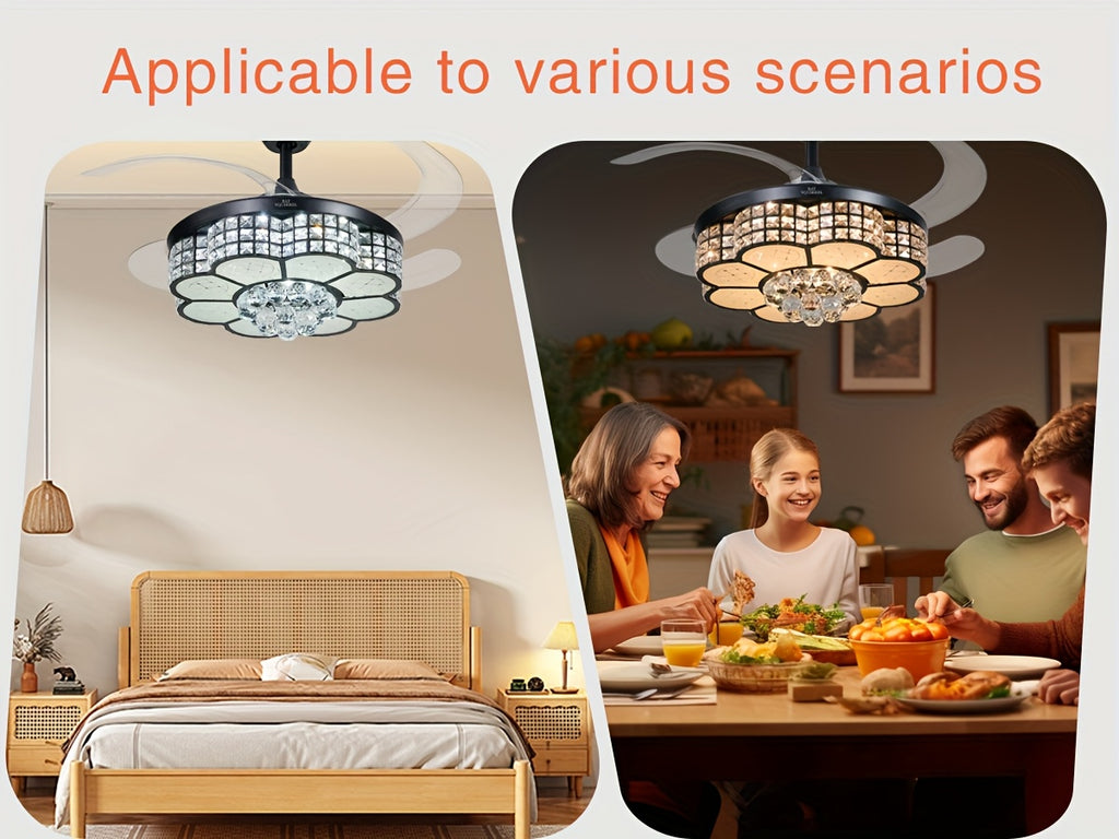 42-Inch Crystal Decoration with RGB Ceiling Fan And Light, Supports Infinite Dimming And Light Memory. with Speakers, 6 Speeds Reversible Blades, Flush Mount Chandelier Ceiling Fan Remote Control And APP Convenient Control Way