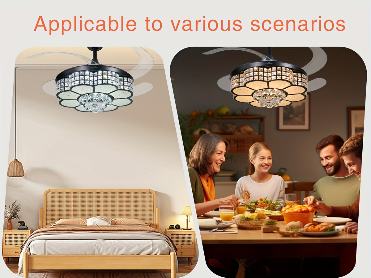 42-Inch Crystal Decoration with RGB Ceiling Fan And Light, Supports Infinite Dimming And Light Memory. with Speakers, 6 Speeds Reversible Blades, Flush Mount Chandelier Ceiling Fan Remote Control And APP Convenient Control Way