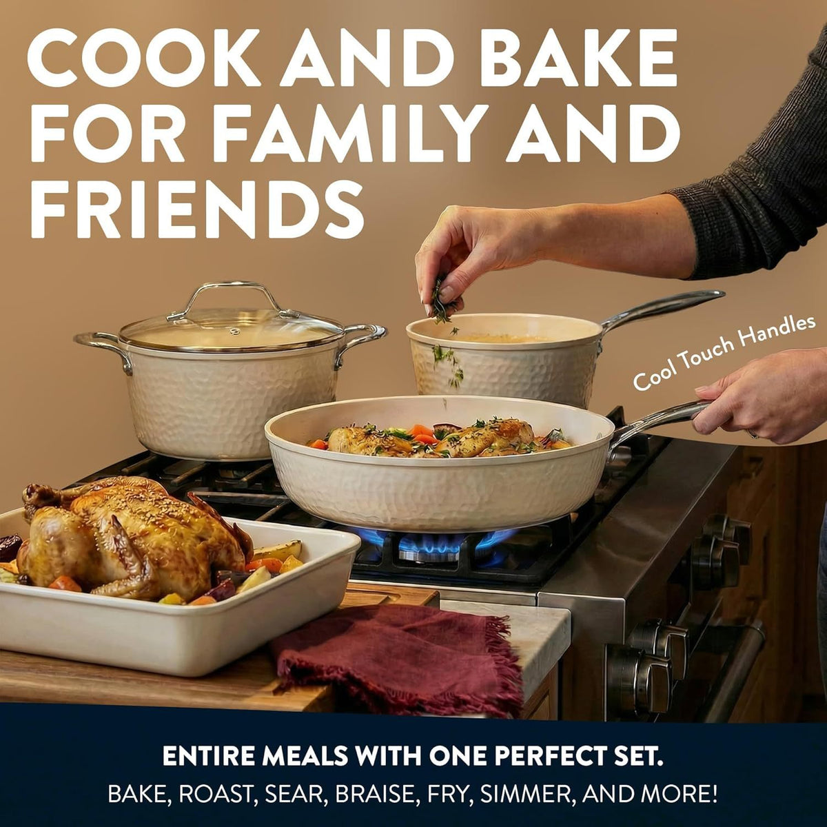 Gotham Steel Hammered 20 Pc Ceramic Cookware Set Nonstick, True Ceramic Pots and Pans Set Non Stick with Deep Square Pan Set & Bakeware Set, Non Toxic PFOA PFOS Free, Oven & Dishwasher Safe