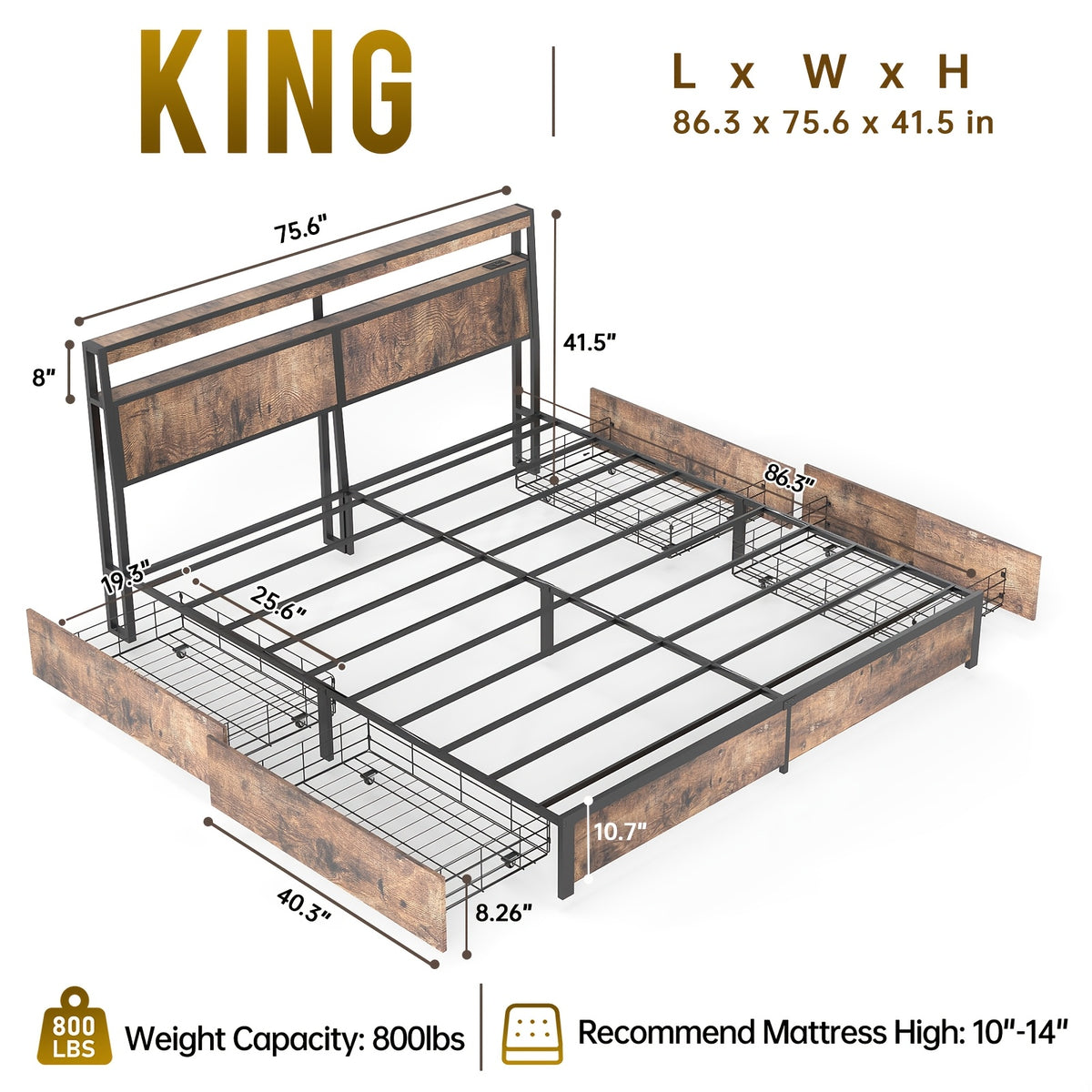 Full/Queen/King Size Bed Frame with 4 Storage Drawers, Metal Platform Bed with LED Lights & Charging Station, 2-Tier Wood Headboard, 800 LBS Capacity, Noise-Free, No Box Spring Needed, Vintage Brown Finish