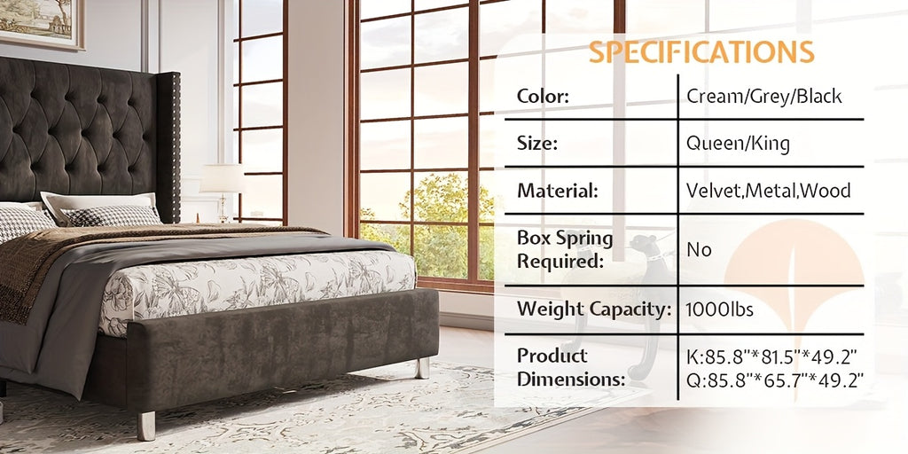 Papajet Velvet Upholstered Bed Frame with Wingback Headboard, No Box Spring Required