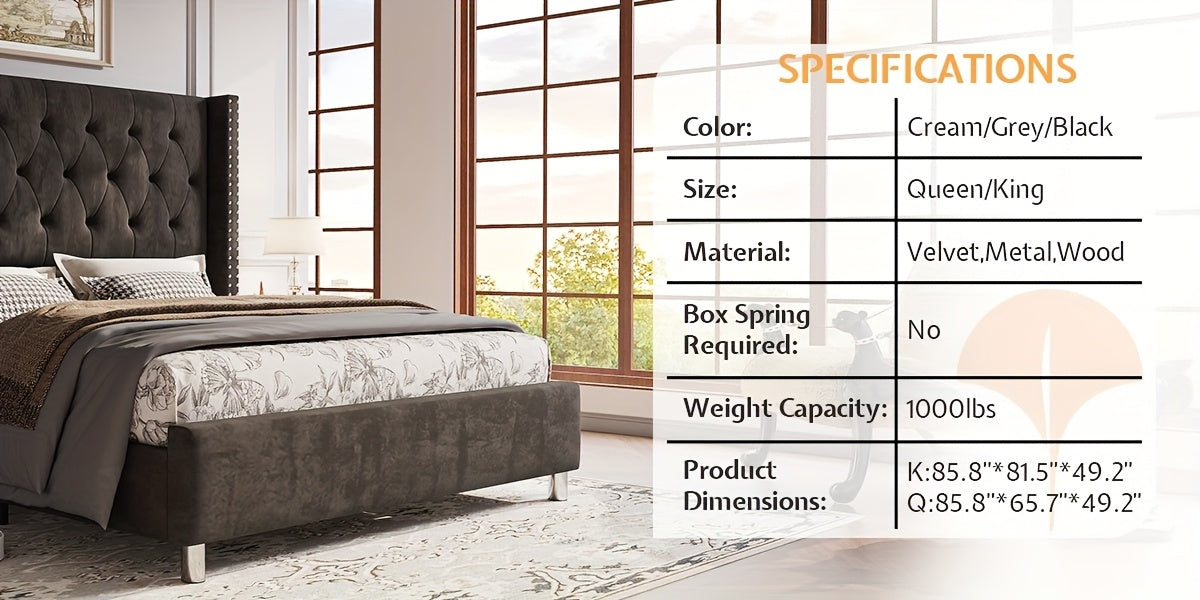Papajet Velvet Upholstered Bed Frame with Wingback Headboard, No Box Spring Required