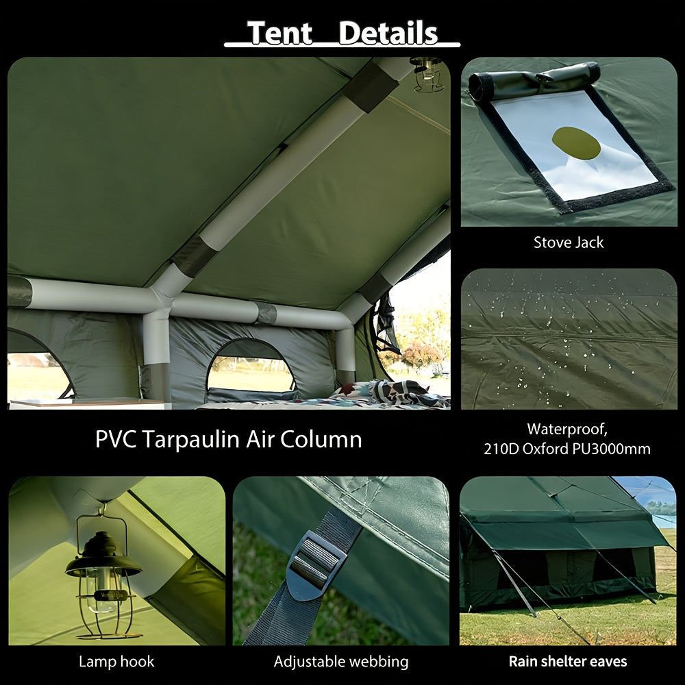 129 Sq.ft Inflatable Camping Tent | Outdoor Blow Up Tent Oxford 4 Season Air Tent Cabin House with Mesh Windows & Door, PVC & Polyester Material, Double Door, 2000mm-3000mm, Suitable for All Seasons