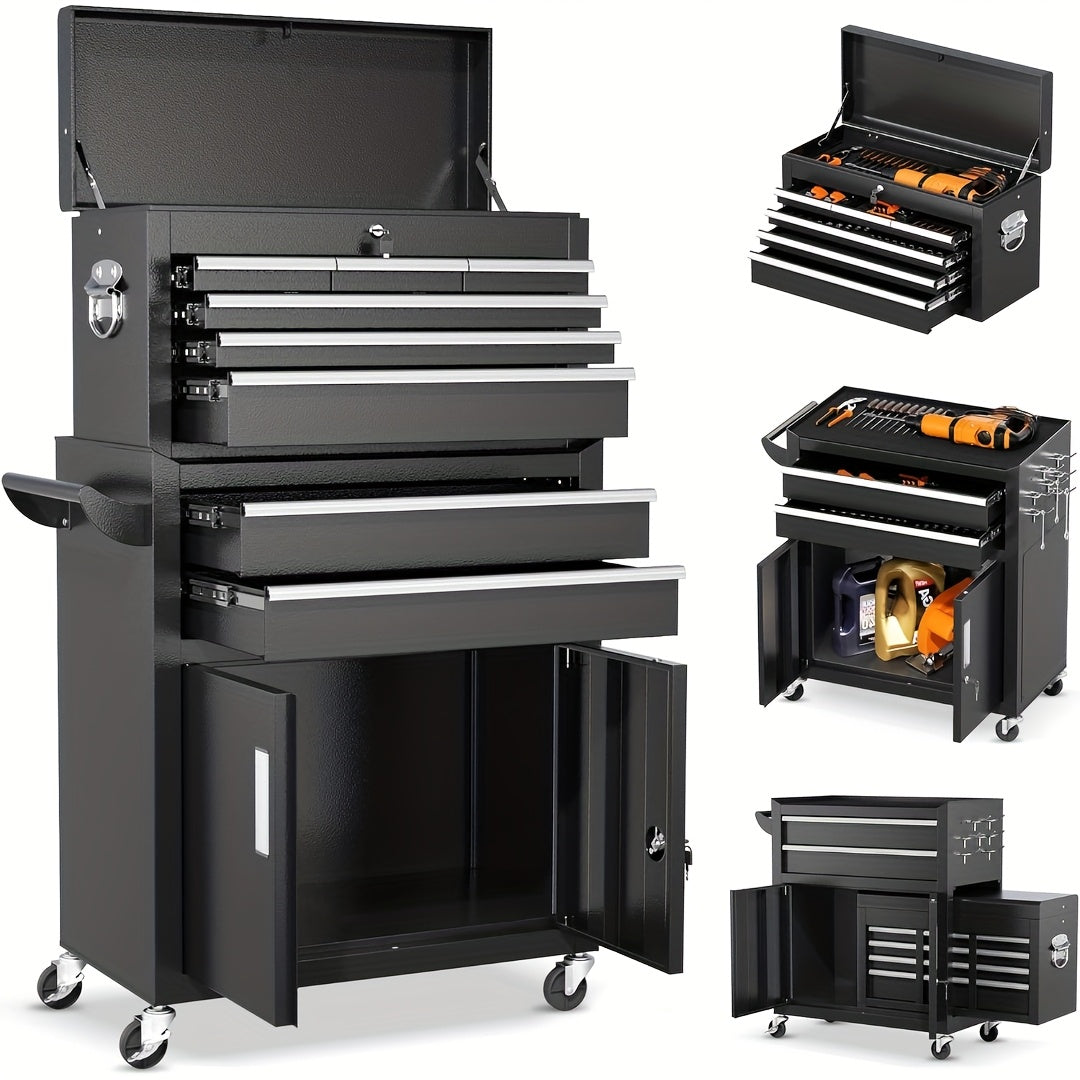Rolling Tool Chest with Wheels, 8 Drawer High Capacity, 2-in-1 Detachable Steel Toolchest Organizer Combo for Garage, Workstation, Barbershop(Black)
