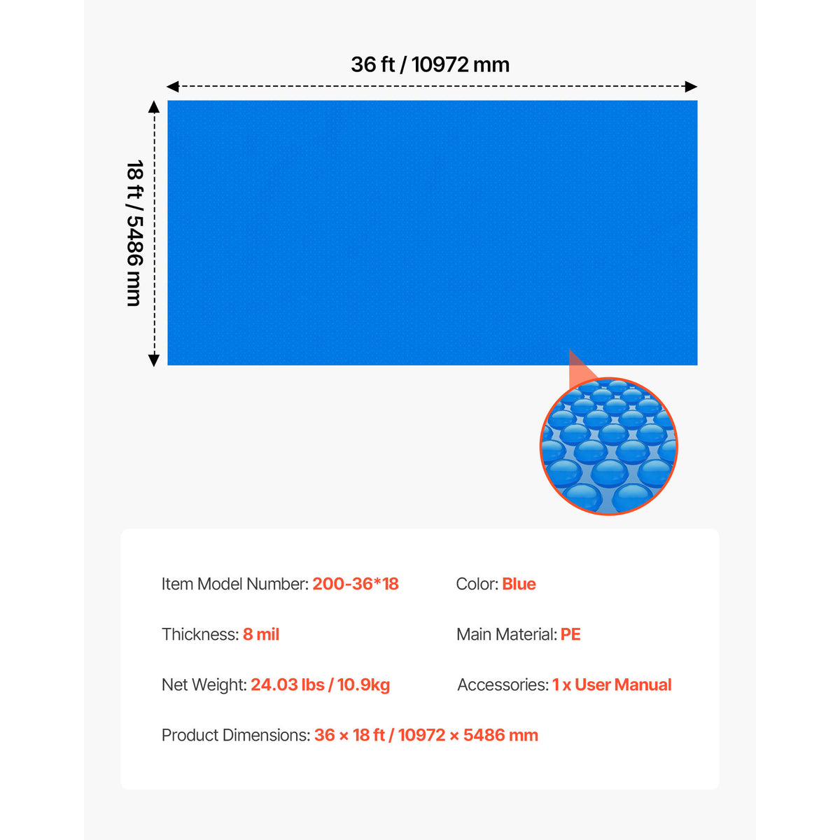 VEVOR Solar Pool Cover, 36 x 16 ft / 36 x 18 ft Rectangle Pool Bubble Cover, 12 Mil / 8 Mil Pools Solar Blanket with Bubble & PE Material, Daytime Heat Absorption, Nighttime Heat Retention, Heat Retaining Solars Covers, Blue