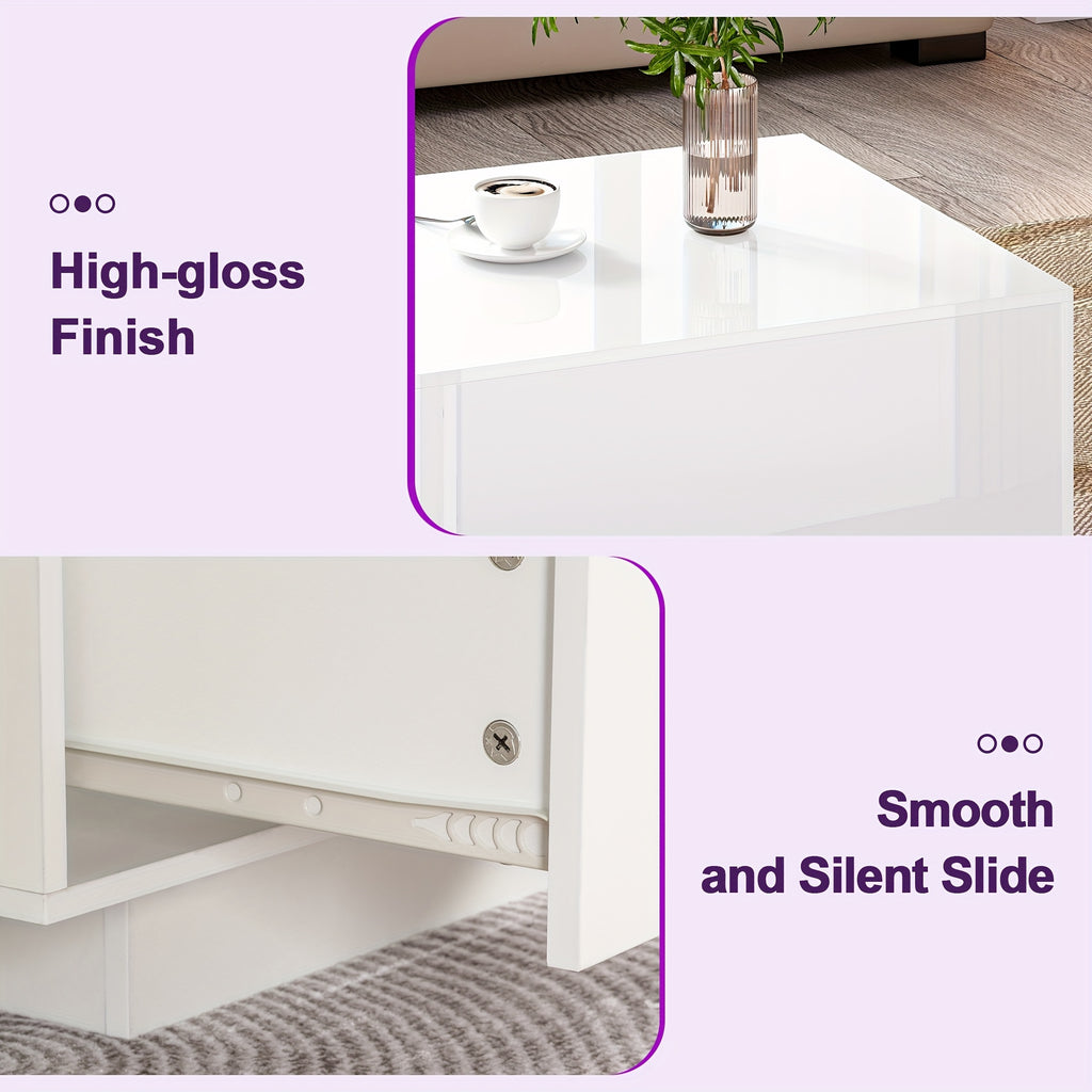 High Glossy LED Coffee Table, Modern Coffee Tables with Open Display Shelf And Sliding 2 Drawers, Rectangular Coffee Table with LED Lights for Living Room, Dining Room, White/Black