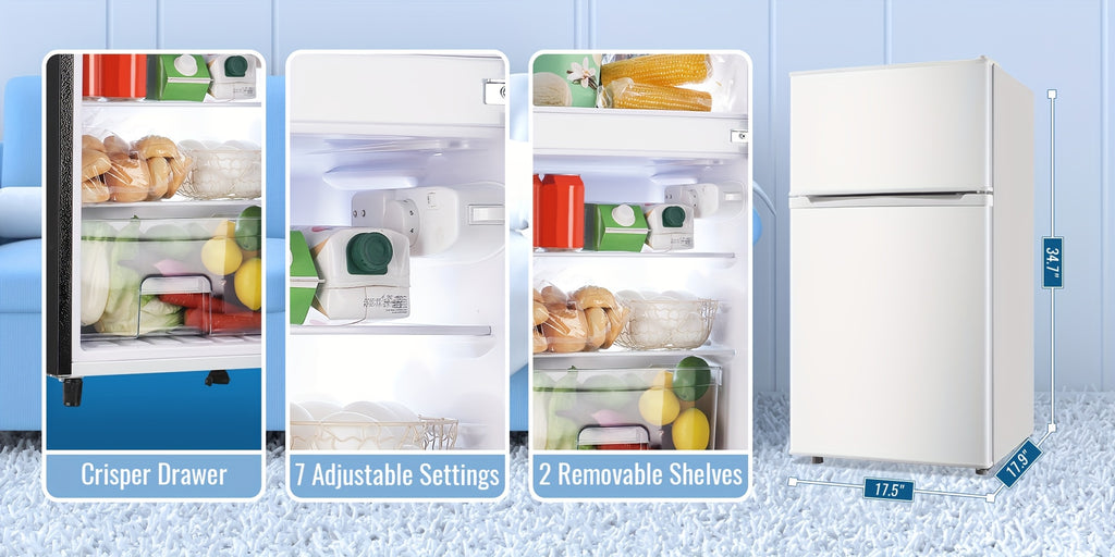 3.5/2.5 Cu.ft Small Fridge With Freezer 2-Door Compact Refrigerator 7-Level Adjustable Thermostat, Removable Shelves And Bakset, Perfect For Dorm, Office, RV, Bedroom, White