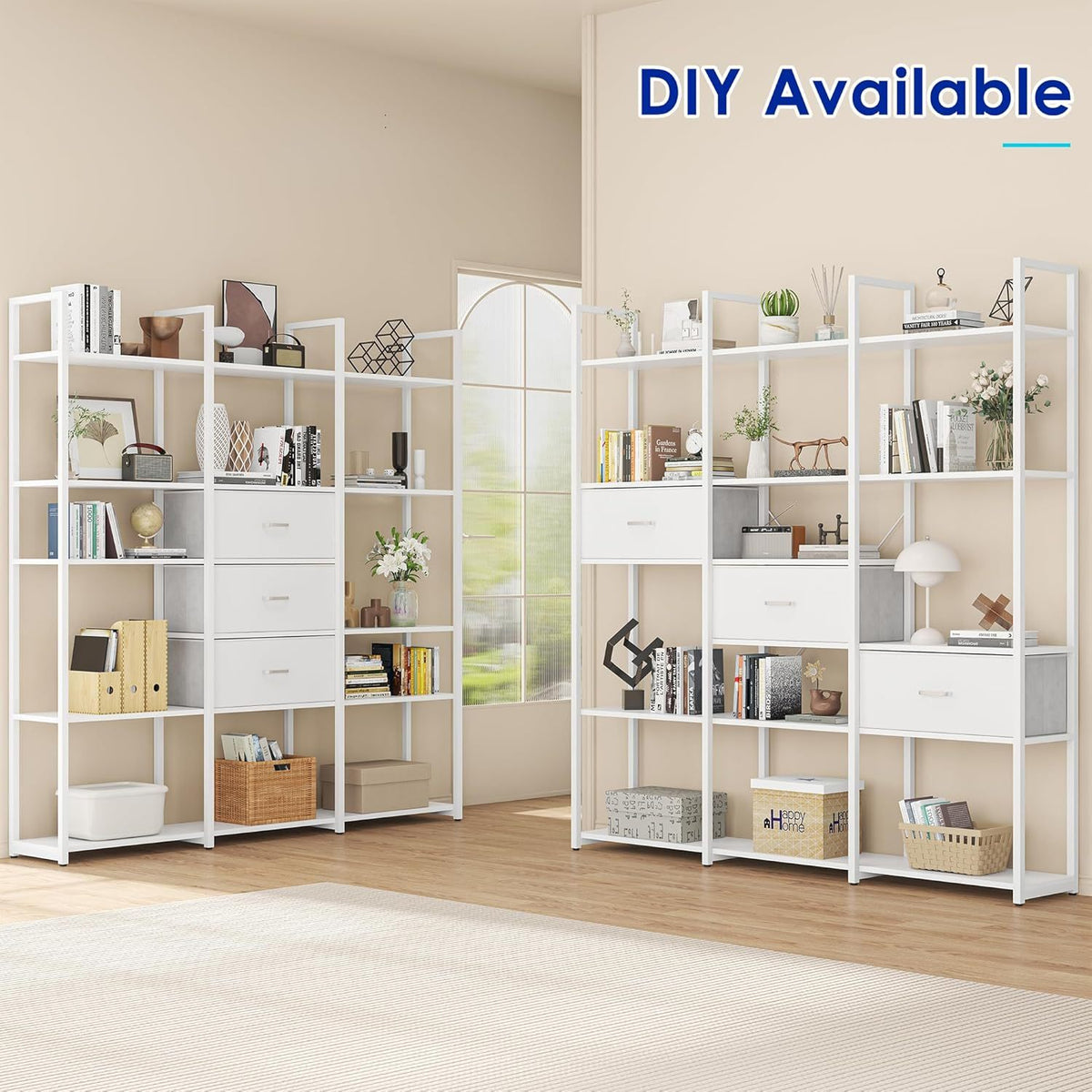 A 73.6-Inch Tall Bookshelf Featuring Three Drawers And Sixteen Storage Shelves, This Industrial Bookcase Includes Sixteen Open Display Shelves, Making It a Spacious Etagere Bookshelf, Perfect for Home And Office Use, in White