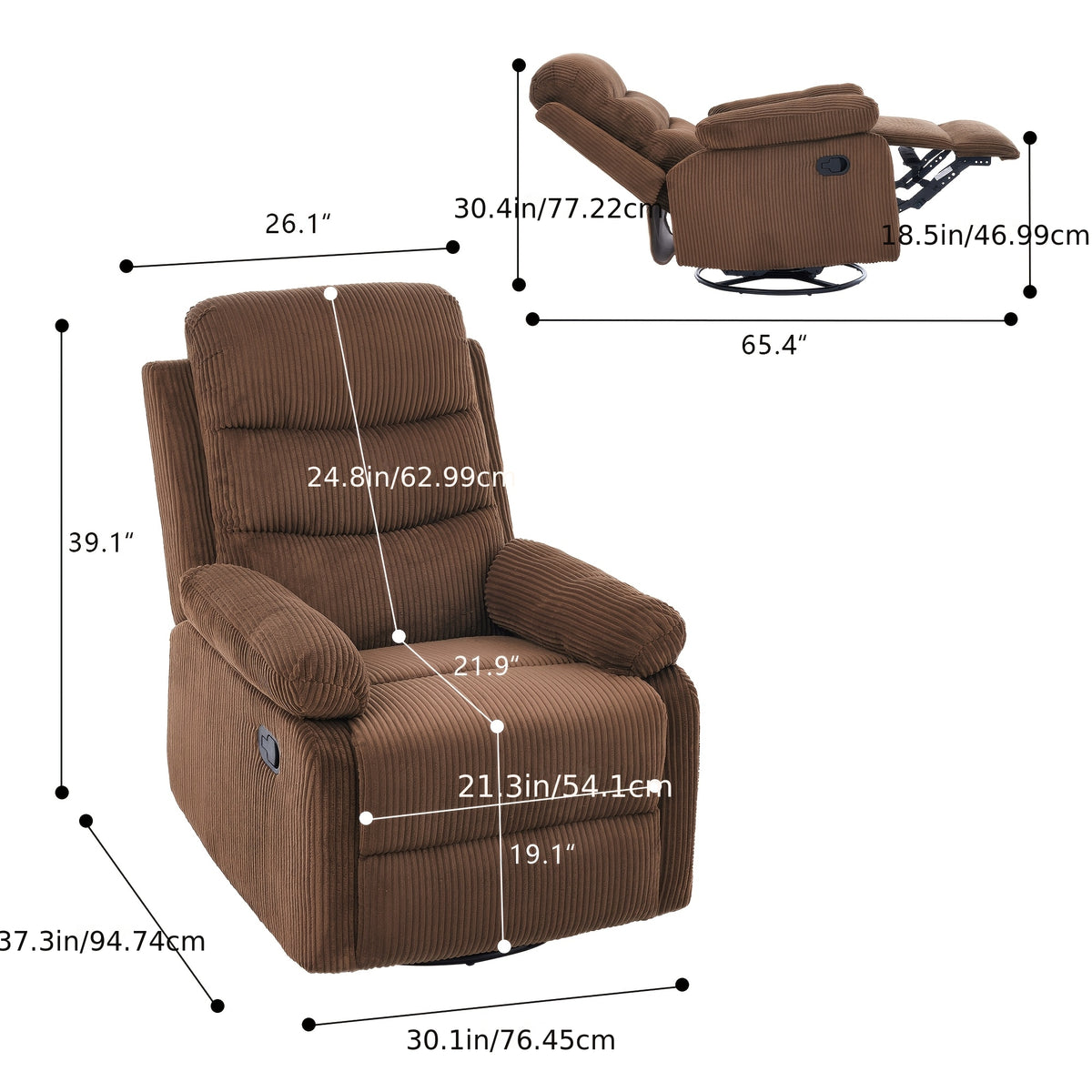 Corduroy Swivel Rocking Recliner Chair, Manually Adjustable Single-person Lounge Sofa with Padded Seat and Backrest, Ergonomically Designed Casual Armchair Suitable for Daily Relaxation in Living Rooms, Bedrooms, and Home Theaters